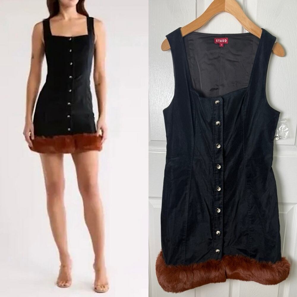 Staud Black Velvet Fur Trim Yin Yang Mini Dress 10